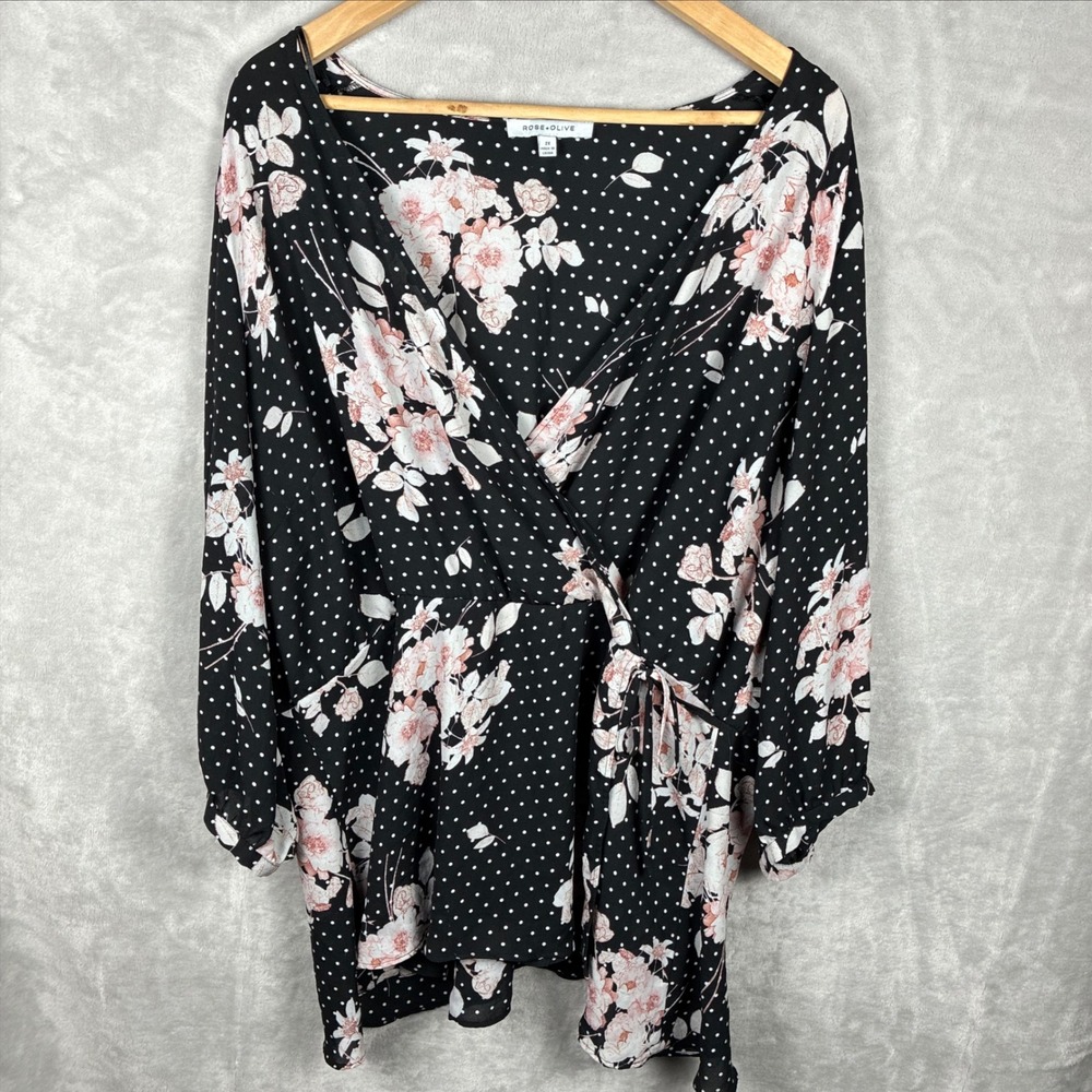 Rose + Olive Black Floral Polka Dot Wrap Top Plus Size 2X Blouse Tie Waist